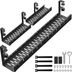 31Inch Extendable Under Desk Cable Management Tray, Metal Cable Management Tray Under Desk Cord Management with Clamp, Extendable Power Strip Cord Holder for Wire Cable Management