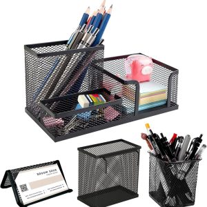 4 Pcs Set Mesh Pen Holder for Desk Pencil Holders, Desk Organizer Office Supplies Caddy - Sticky Notes, Cards, Phones, Stationery Holder for Office School Home (Black)