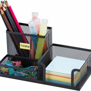 Black Mesh Pen Holder - Multipurpose Mesh Desk Organizers Large Capacity Office Supplies with Sticky Notes Holder and 3 Compartments 4 Non-slip Mats Easy Storage Suitable for School, Home