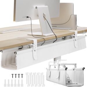 CableCare No Drill Under Desk Cable Management Tray 27.3" -for Desk Wire Management - Premium White Fabric to Hide Cords - Clamp/Screw Mount - Supports Upto 66lbs - Cable Management Under Desk