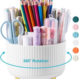 Desk Pencil Pen Holder, 5 Slots 360 Degree Rotating Desk Pen Organizers for Desk Desktop Storage Stationery Supplies Cup Pot for Office School Home Art Supply White